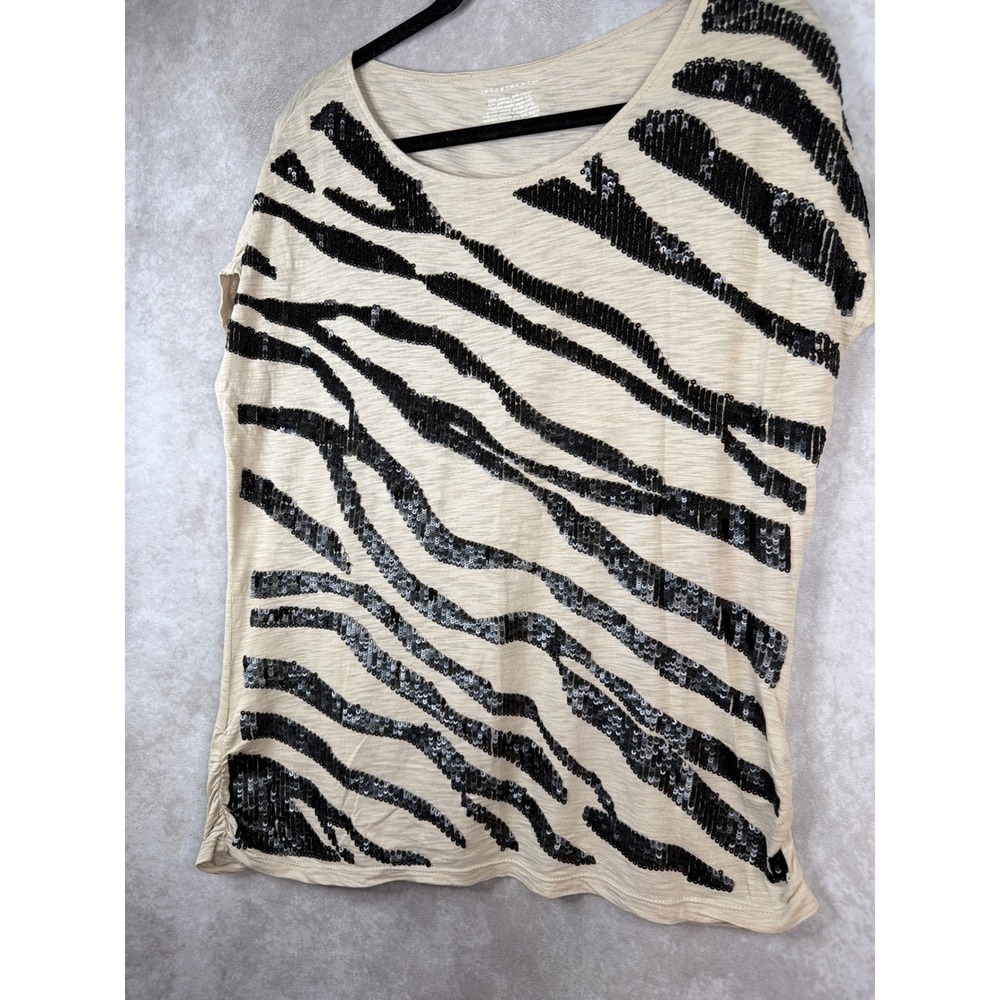 Investments Sequin Zebra Top Womens Large‎ Beige Black Animal Print Short Sleeve - Picture 2 of 5
